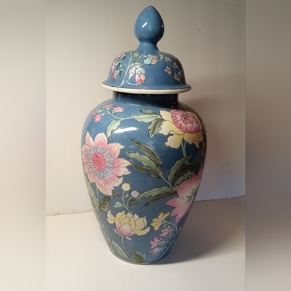 Vintage HFP Macau Oriental Ginger Jar 14" With Lid French Blue Pink Lotus Decor
